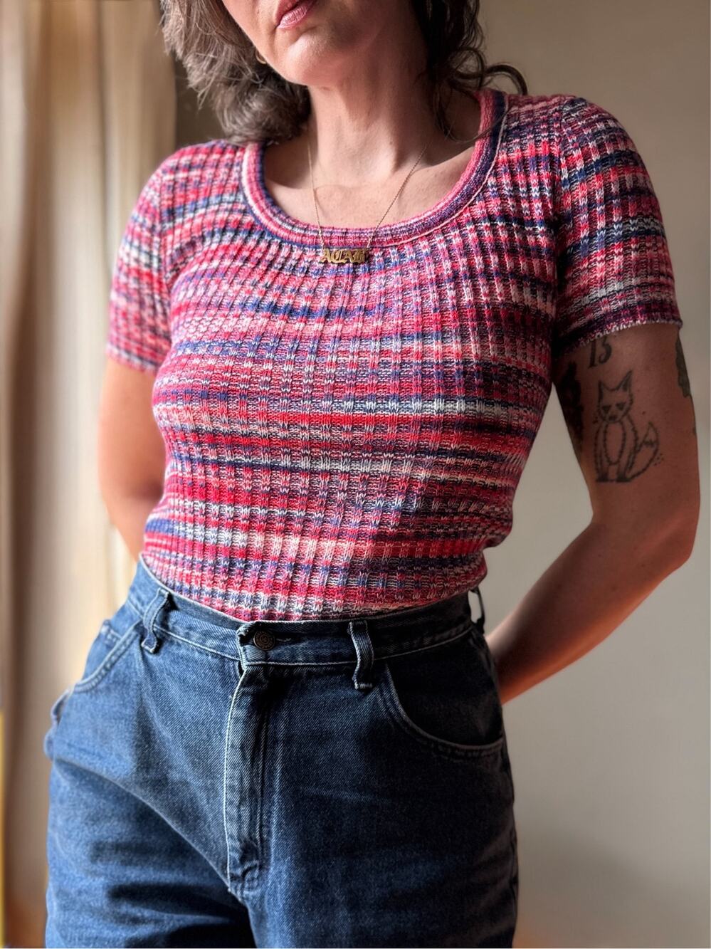Vintage 70s Knit Top | Space Dyed Rib Knit | Stripe Scoop Neck Tee | S/M